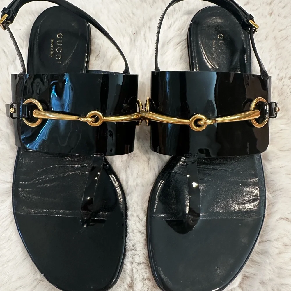 Gucci Glossy Black and Gold Sandals - Picture 1 of 4